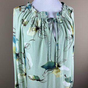 A New Day Long Sleeve Blouse Size S Mint Green Blue Yellow, Floral Print
